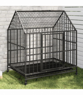vidaXL Dog Cage with Wheels Black Galvanised Steel