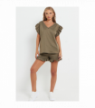 Ladies V Neck Frill Peplum Sleeve Top and Short 2 Piece Tracksuit Set