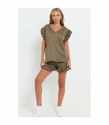Ladies V Neck Frill Peplum Sleeve Top and Short 2 Piece Tracksuit Set