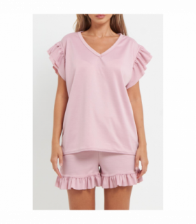 Ladies V Neck Frill Peplum Sleeve Top and Short 2 Piece Tracksuit Set
