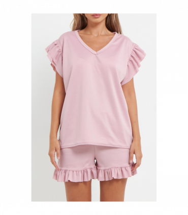 Ladies V Neck Frill Peplum Sleeve Top and Short 2 Piece Tracksuit Set