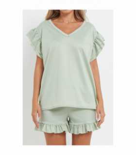 Ladies V Neck Frill Peplum Sleeve Top and Short 2 Piece Tracksuit Set