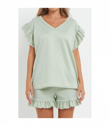 Ladies V Neck Frill Peplum Sleeve Top and Short 2 Piece Tracksuit Set