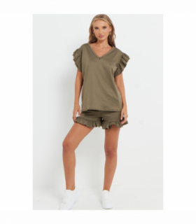 Ladies V Neck Frill Peplum Sleeve Top and Short 2 Piece Tracksuit Set