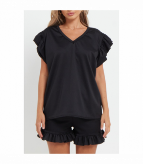 Ladies V Neck Frill Peplum Sleeve Top and Short 2 Piece Tracksuit Set