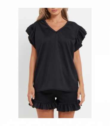 Ladies V Neck Frill Peplum Sleeve Top and Short 2 Piece Tracksuit Set