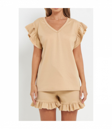 Ladies V Neck Frill Peplum Sleeve Top and Short 2 Piece Tracksuit Set