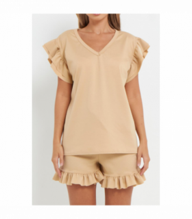 Ladies V Neck Frill Peplum Sleeve Top and Short 2 Piece Tracksuit Set