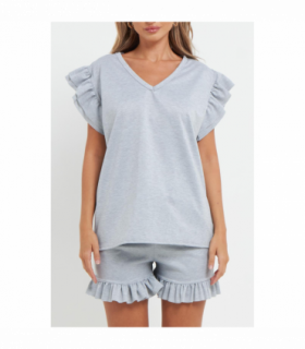 Ladies V Neck Frill Peplum Sleeve Top and Short 2 Piece Tracksuit Set