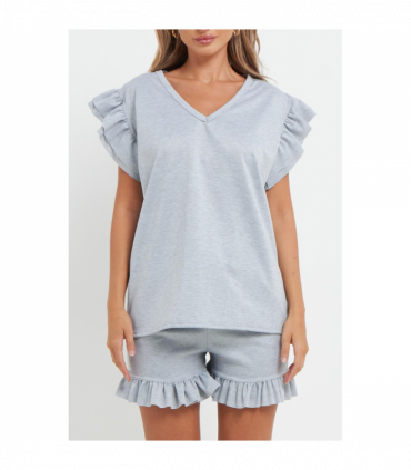 Ladies V Neck Frill Peplum Sleeve Top and Short 2 Piece Tracksuit Set