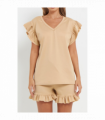 Ladies V Neck Frill Peplum Sleeve Top and Short 2 Piece Tracksuit Set