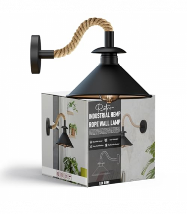 Industrial Black Cone Wall Light | E27 Hemp Detail Sconce ~6501