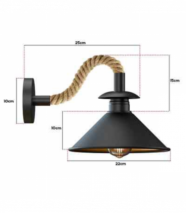 Industrial Black Cone Wall Light | E27 Hemp Detail Sconce ~6501