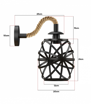 Industrial Black Hemp Rope & Metal Wall Light | 20cm Round Cage ~6487