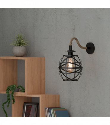 Industrial Black Hemp Rope & Metal Wall Light | 20cm Round Cage ~6487