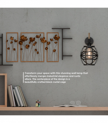 Industrial Black Hemp Rope & Metal Wall Light | 20cm Round Cage ~6487