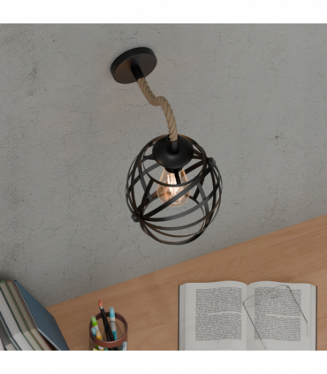 Industrial Black Hemp Rope & Metal Wall Light | 20cm Round Cage ~6487