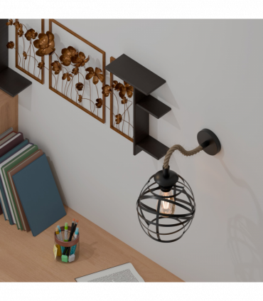 Industrial Black Hemp Rope & Metal Wall Light | 20cm Round Cage ~6487