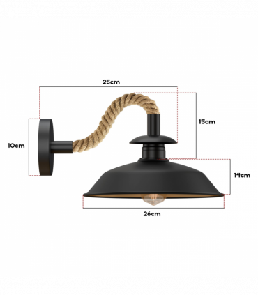 Industrial Black Rope Wall Lamp | 26cm Metal Top Shade Fixture ~6475