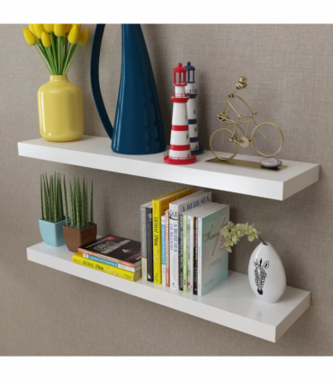 2 White MDF Floating Wall Display Shelves Book/DVD Storage