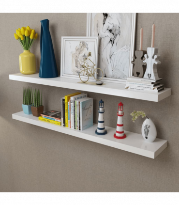 2 White MDF Floating Wall Display Shelves Book/DVD Storage
