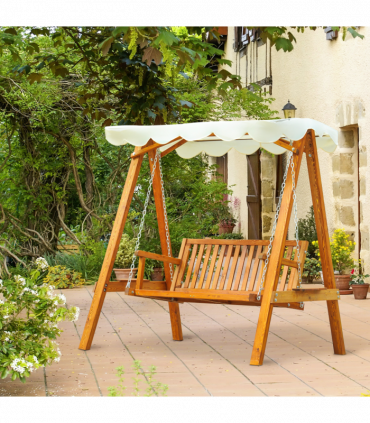 Swing Chair Bench Lounger Cream 2-Seater Wood Garden 162cm x 130cm x 185cm