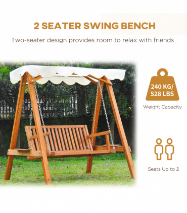 Swing Chair Bench Lounger Cream 2-Seater Wood Garden 162cm x 130cm x 185cm