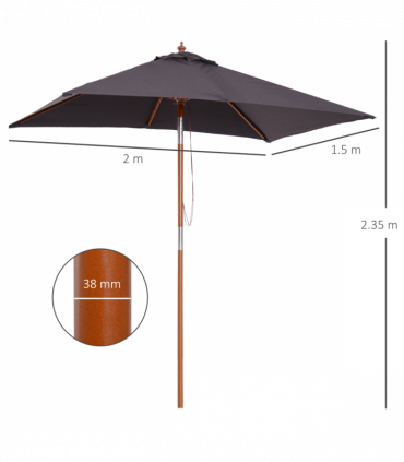 2m x 1.5m Tilt Mechanism Bamboo Wooden Frame Parasol Deep Grey