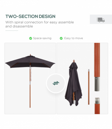 2m x 1.5m Tilt Mechanism Bamboo Wooden Frame Parasol Deep Grey