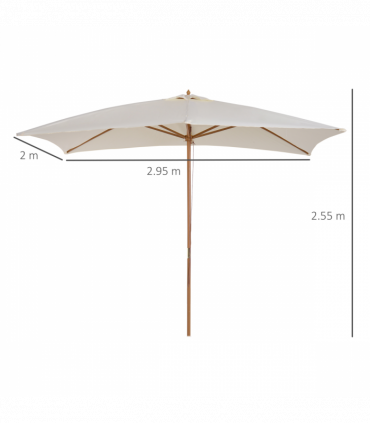 Patio Parasol Umbrella, Wood, Polyester, White, 295cm x 200cm x 255cm, 6 Ribs