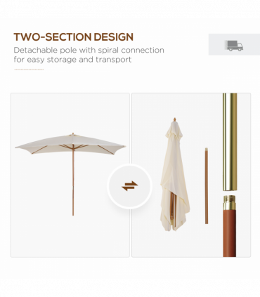 Patio Parasol Umbrella, Wood, Polyester, White, 295cm x 200cm x 255cm, 6 Ribs
