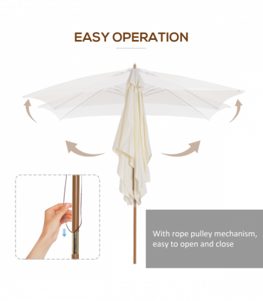 Patio Parasol Umbrella, Wood, Polyester, White, 295cm x 200cm x 255cm, 6 Ribs
