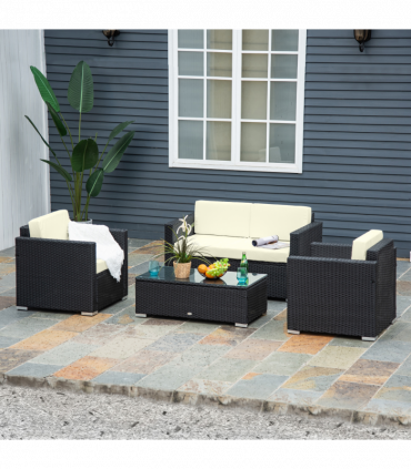 Garden & Patio 4 Pieces Rattan Sofa Set, Steel-Black, 124cmx68cmx68cm
