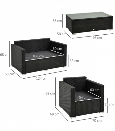 Garden & Patio 4 Pieces Rattan Sofa Set, Steel-Black, 124cmx68cmx68cm