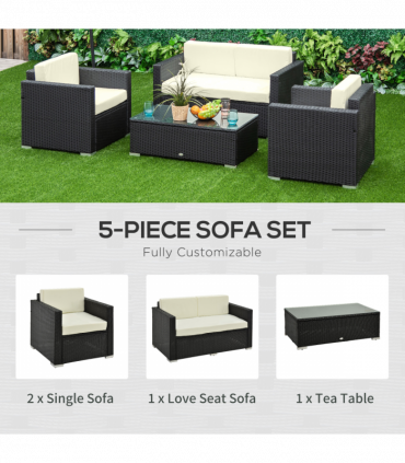 Garden & Patio 4 Pieces Rattan Sofa Set, Steel-Black, 124cmx68cmx68cm