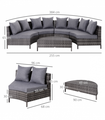 4-Seater Half Moon Shaped Rattan Outdoor Garden Furniture Set Grey