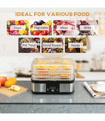 5 Tier Food Dehydrator 245W Stainless Steel Food Dryer Machine Timer LCD Silver