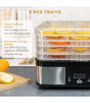 5 Tier Food Dehydrator 245W Stainless Steel Food Dryer Machine Timer LCD Silver