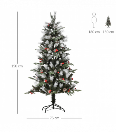 5FT Artificial SnowDipped Christmas Tree Foldable Berries White Pinecones Green