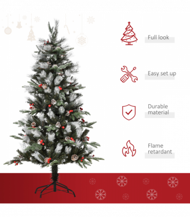 5FT Artificial SnowDipped Christmas Tree Foldable Berries White Pinecones Green