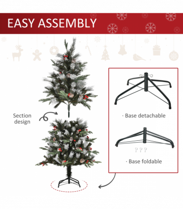 5FT Artificial SnowDipped Christmas Tree Foldable Berries White Pinecones Green