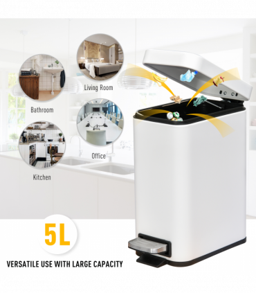 Steel 5L Rectangular Pedal Bin White Steel Body Powder Coated Easy Use
