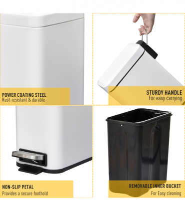 Steel 5L Rectangular Pedal Bin White Steel Body Powder Coated Easy Use