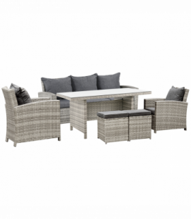 Outdoor 6Pcs Rattan Dining Set Grey Sofa Table Footstool w/ Cushion 182cm x 72cm