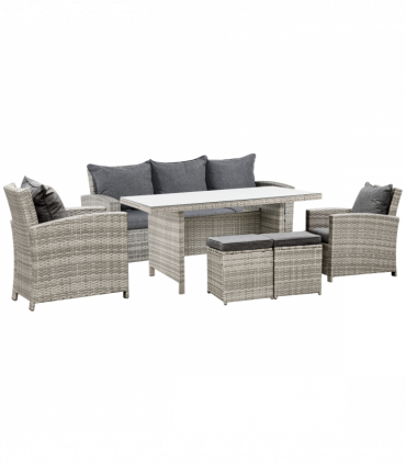 Outdoor 6Pcs Rattan Dining Set Grey Sofa Table Footstool w/ Cushion 182cm x 72cm