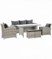 Outdoor 6Pcs Rattan Dining Set Grey Sofa Table Footstool w/ Cushion 182cm x 72cm