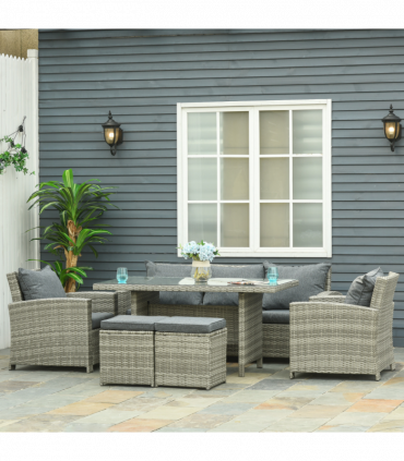 Outdoor 6Pcs Rattan Dining Set Grey Sofa Table Footstool w/ Cushion 182cm x 72cm