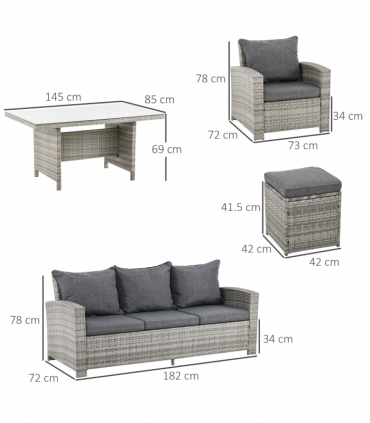 Outdoor 6Pcs Rattan Dining Set Grey Sofa Table Footstool w/ Cushion 182cm x 72cm