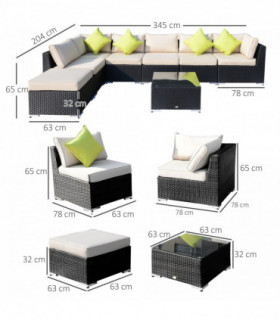 Garden Dining Set 8 Pcs Rattan Sofa Black 78cm x 78cm x 65cm Cushions Outdoor