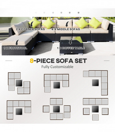 Garden Dining Set 8 Pcs Rattan Sofa Black 78cm x 78cm x 65cm Cushions Outdoor